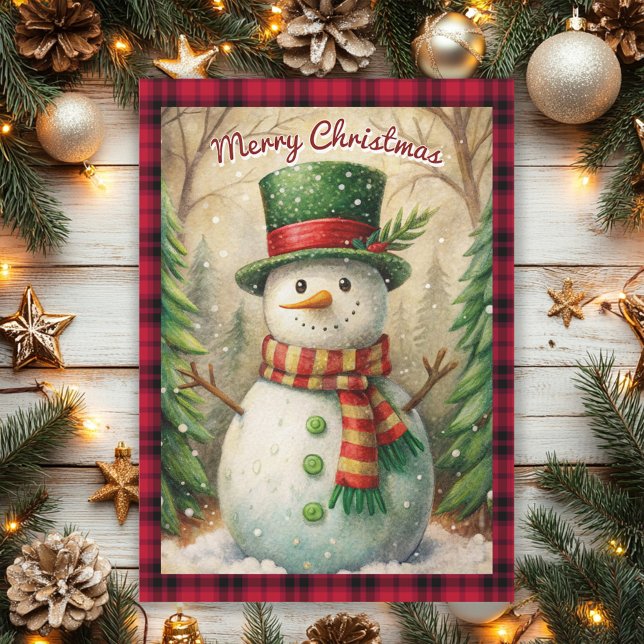 Snowman Buffalo Plaid Vintage Merry Christmas Holiday Card (Vintage snowman on red and black buffalo plaid Christmas greeting card)
