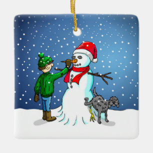 Snowman Building Ceramic Ornament
