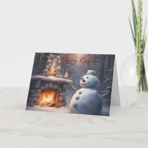 Snowman by an outdoor fire place Christmas Card