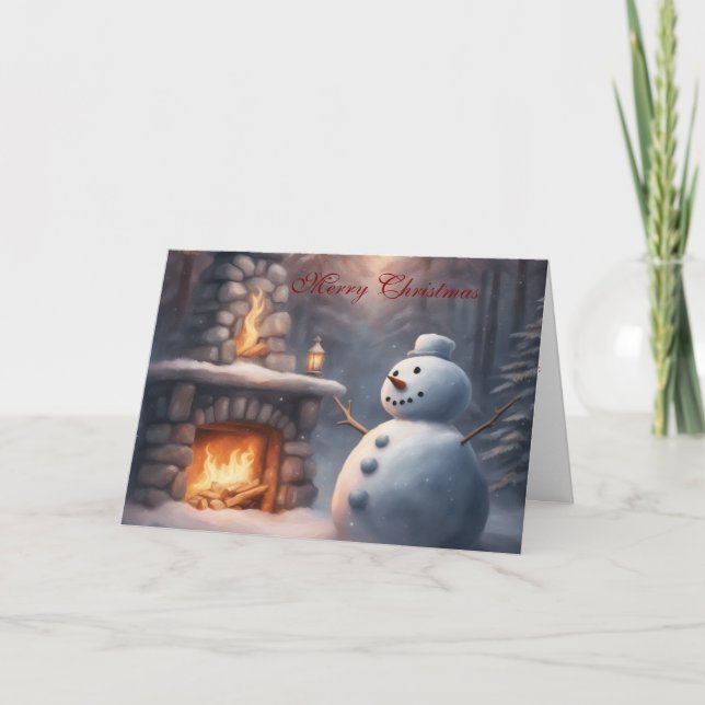 Snowman by an outdoor fire place Christmas Card (Front)