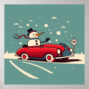 snowman bye a car poster