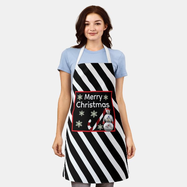 snowman Candy Cane Stripe Merry Christmas Apron (Worn)