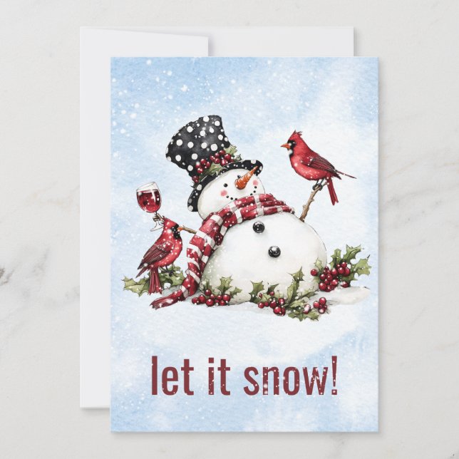 Snowman Cardinal Wine Winter Christmas Card (Front)