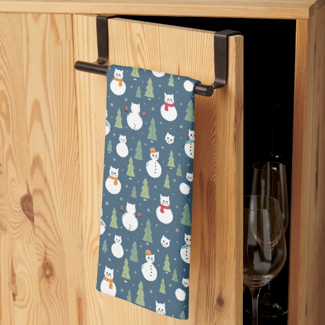 Snowman Cats Holiday Pattern Tea Towel (Thirds Fold)
