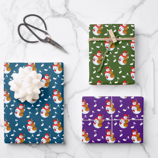 Snowman Cello Music Notes Wrapping Paper Sheet (Front)