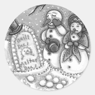 SNOWMAN CEMETERY, MELTED BEFORE HIS TIME, MOURNERS CLASSIC ROUND STICKER