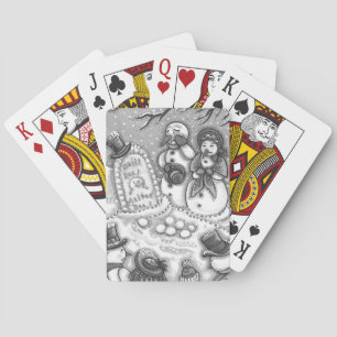 SNOWMAN CEMETERY, MELTED BEFORE HIS TIME, MOURNERS PLAYING CARDS