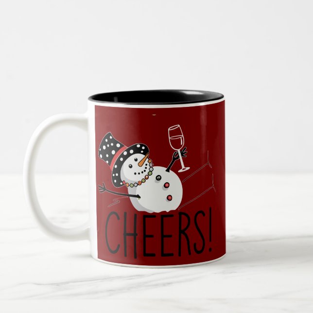 Snowman Cheers Wine Christmas Funny Xmas Winter  Two-Tone Coffee Mug (Left)