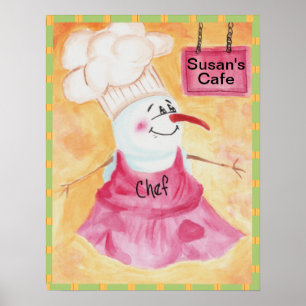 Snowman Chef in Apron & Chef's Hat Poster