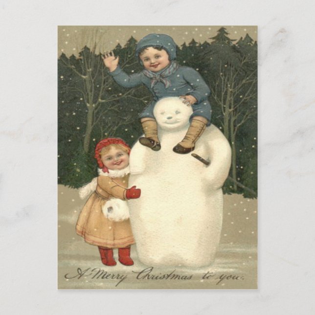 Snowman Children Playing Snowfall Snow Postcard (Front)