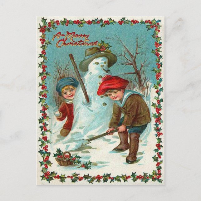 Snowman Children Snow Holly Postcard (Front)