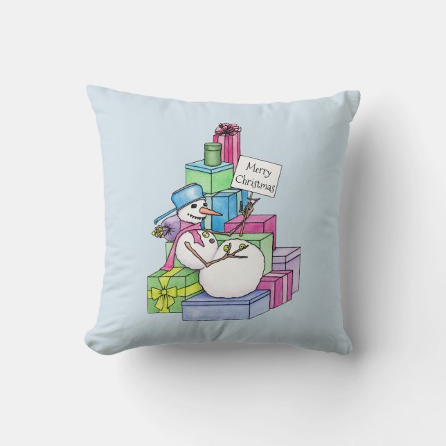 Snowman chilling on presents cushion (Front)