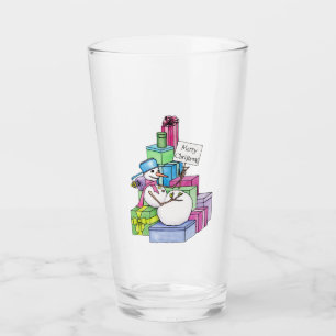 Snowman chilling on presents glass