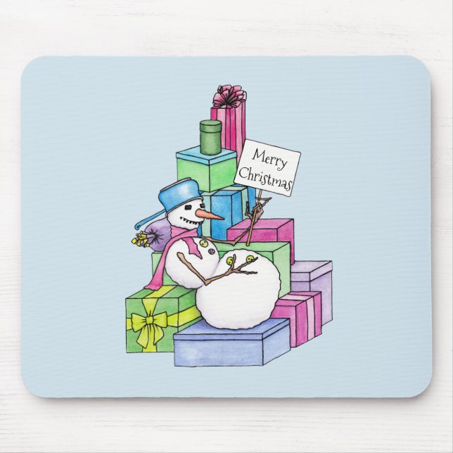 Snowman chilling on presents mouse pad (Front)