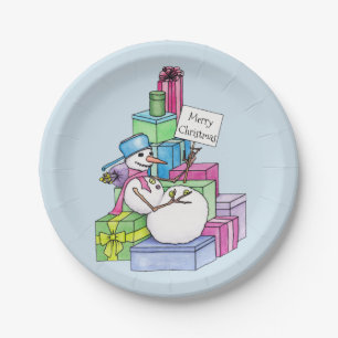 Snowman chilling on presents paper plate