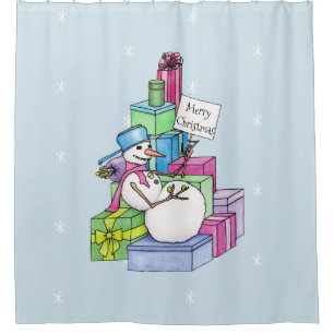 Snowman chilling on presents shower curtain