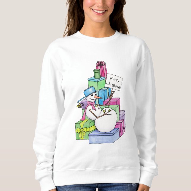 Snowman chilling on presents sweatshirt (Front)
