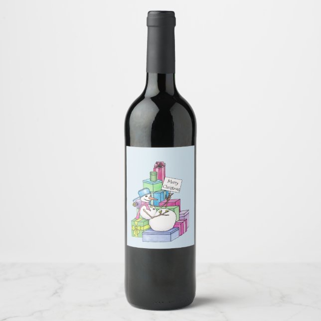 Snowman chilling on presents wine label (Front)