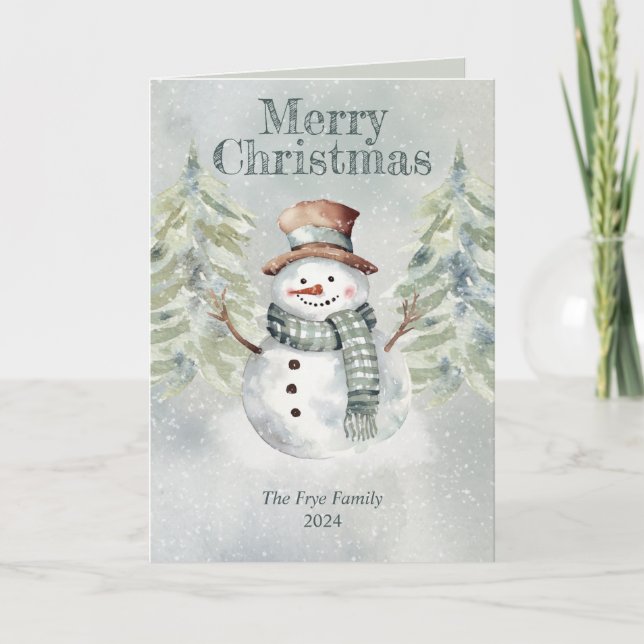 Snowman Christmas Card Holiday Watercolor Greeting (Front)