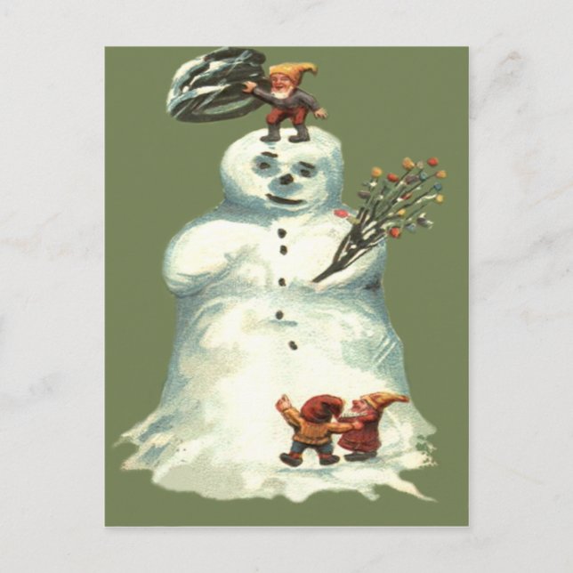 Snowman Christmas Elves Christmas Lights Holiday Postcard (Front)