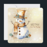 Snowman Christmas Greetings from Name Family Holiday Card<br><div class="desc">A lovely cheerful snowman with gold and brown accessories and a GREETINGS from the NAME family</div>