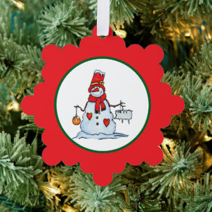 snowman christmas ornament with hearts and icicles