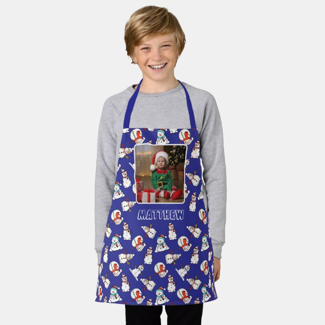 Snowman Christmas Pattern Navy Blue Boys Photo Apron (Worn)