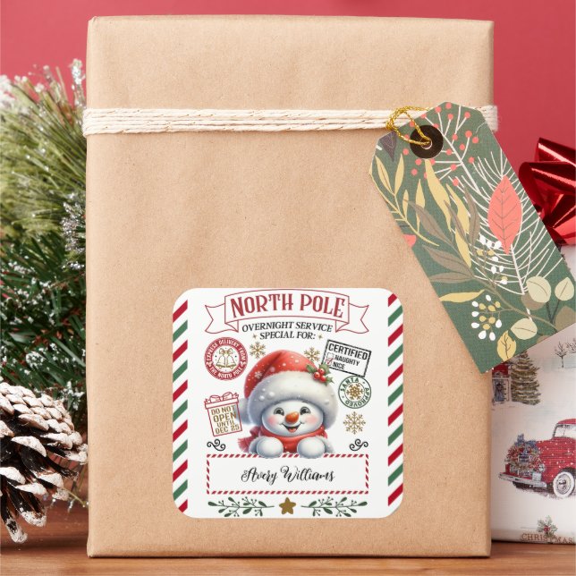 Snowman Christmas Special Delivery From Sant Square Sticker (Holiday)