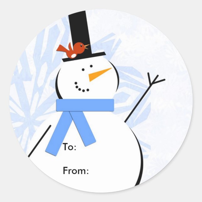 Snowman Christmas Tag, To: From: Classic Round Sticker (Front)