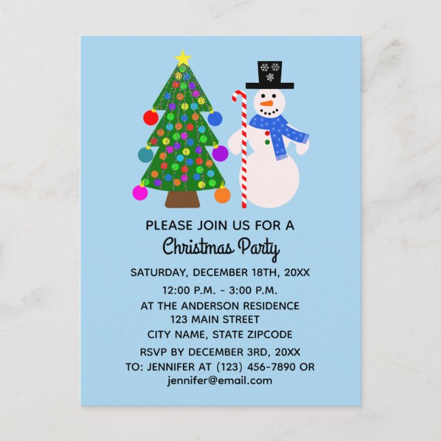 Snowman & Christmas Tree #4 Invitation Postcard (Front)