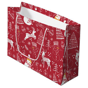 Snowman, Christmas Tree and Deer, Winter Red Large Gift Bag