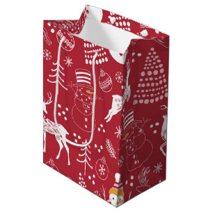Snowman, Christmas Tree and Deer, Winter Red Medium Gift Bag