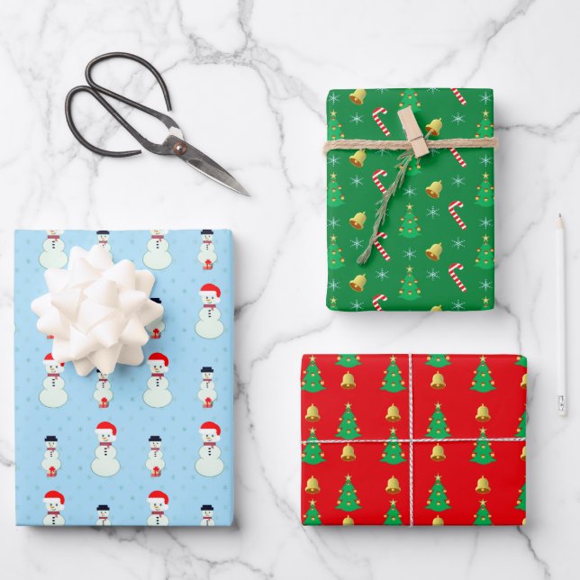 Snowman, Christmas tree, bells and snowflakes Wrapping Paper Sheet (Front)
