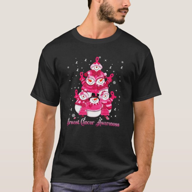 Snowman Christmas Tree Breast Cancer Awareness T-Shirt (Front)