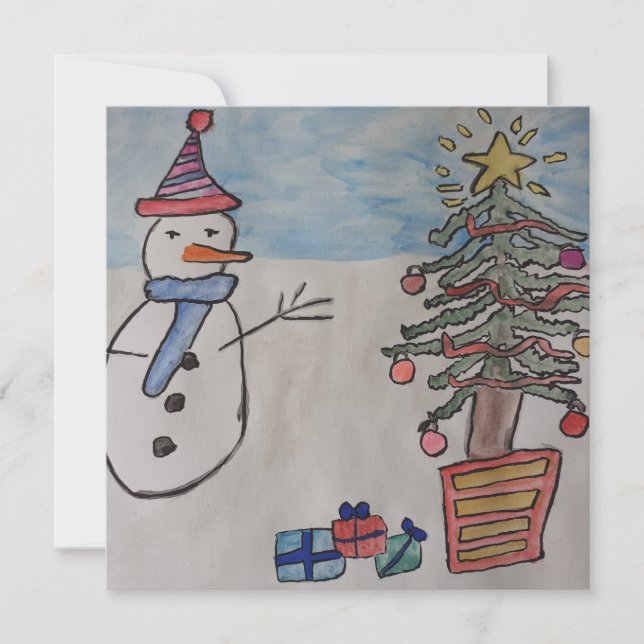 Snowman & Christmas Tree Flat Christmas Card (Front)