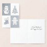 Snowman Christmas Tree Gingerbread Man Silver Foil Foil Card<br><div class="desc">An elegant,  sleek and chic greeting card in silver foil with the icon illustrations of favourite Christmas things like a snowman with top hat and scarf,  a Christmas tree with star and ornaments,  a stocking with mistletoe and a happy gingerbread man!</div>