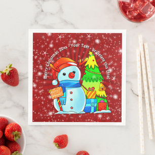Snowman Christmas Tree Presents Year Text Red Napkin