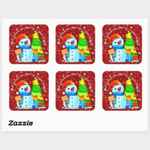 Snowman Christmas Tree Presents Year Text Red Square Sticker