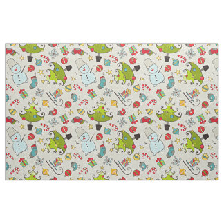 Snowman Christmas Tree Sleigh Illustration Fabric