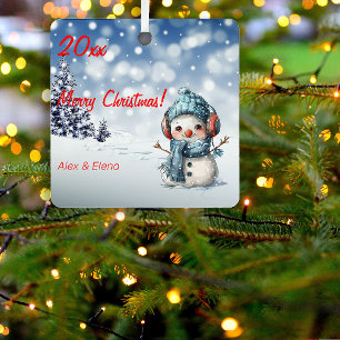 Snowman Christmas tree snow Metal Square Ornament