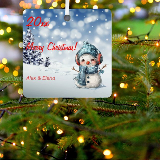 Snowman Christmas tree snow Metal Square Ornament (Creator Uploaded)