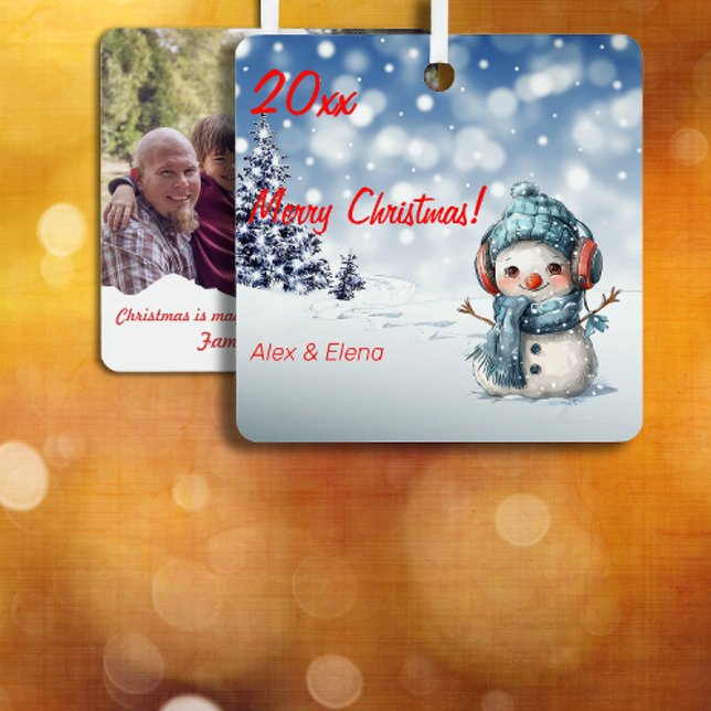 Snowman Christmas tree snow photo Square Ornament (Creator Uploaded)