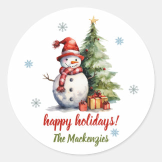 Snowman Christmas Tree Snowflakes Happy Holidays Classic Round Sticker