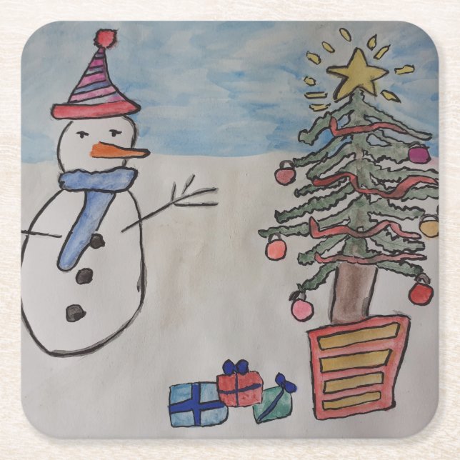 Snowman & Christmas Tree Square Paper Coaster (Front)