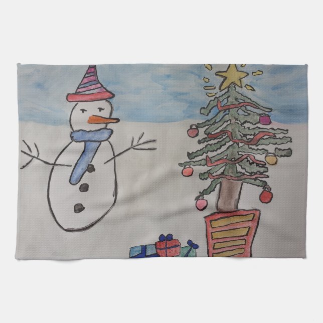 Snowman & Christmas Tree Tea Towel (Horizontal)