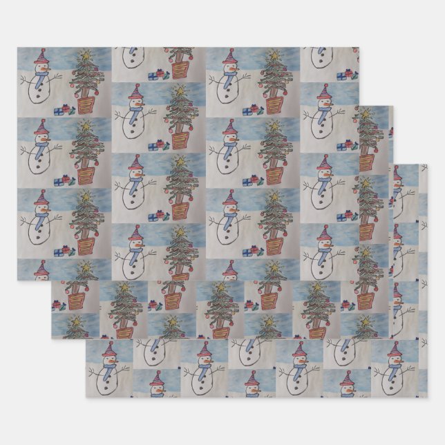 Snowman & Christmas Tree Wrapping Paper Sheet (Set)