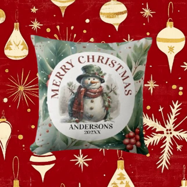 Snowman Christmas Wishes Cushion (Spread warmth and joy this holiday season with Brett's Snowman Christmas Wishes Throw Pillow. )