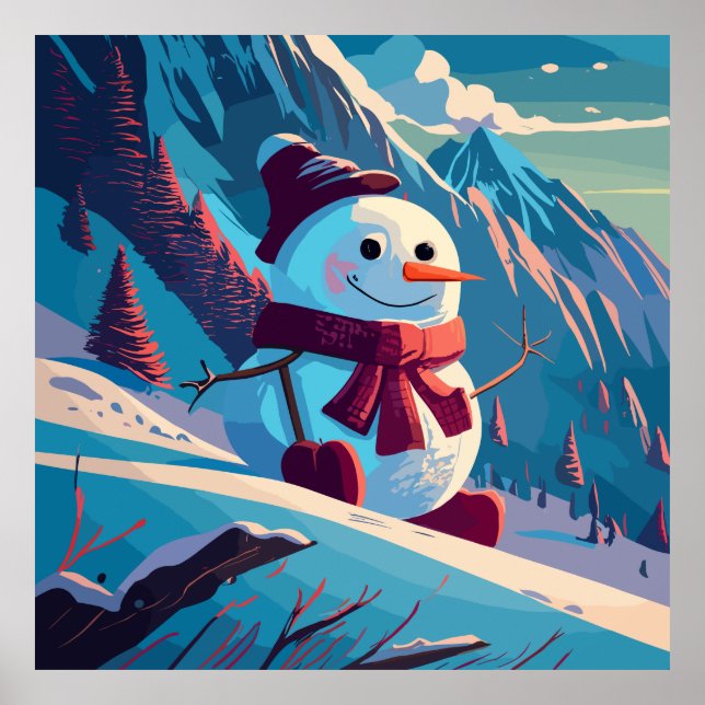 Snowman climbs mountains at Christmas Poster (Front)