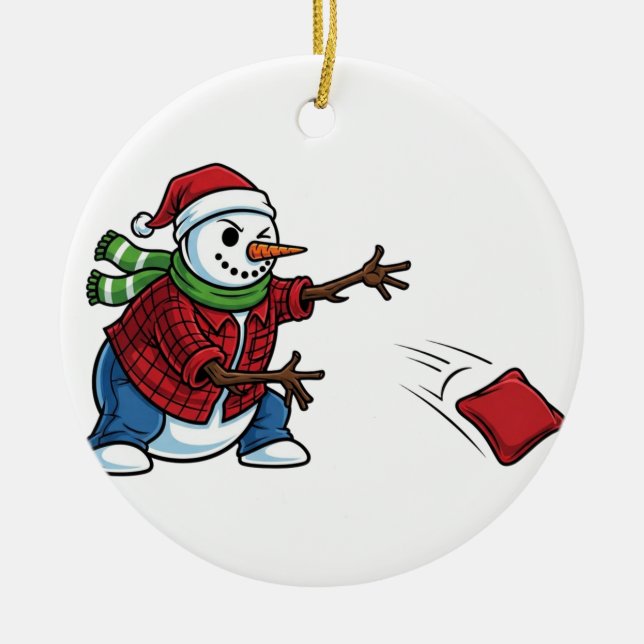 Snowman Cornhole Christmas 2026 Holiday Tailgate Ceramic Tree Decoration (Front)