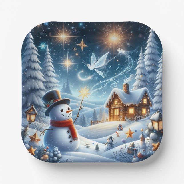 Snowman Cottage Winter Paper Plate (Front)